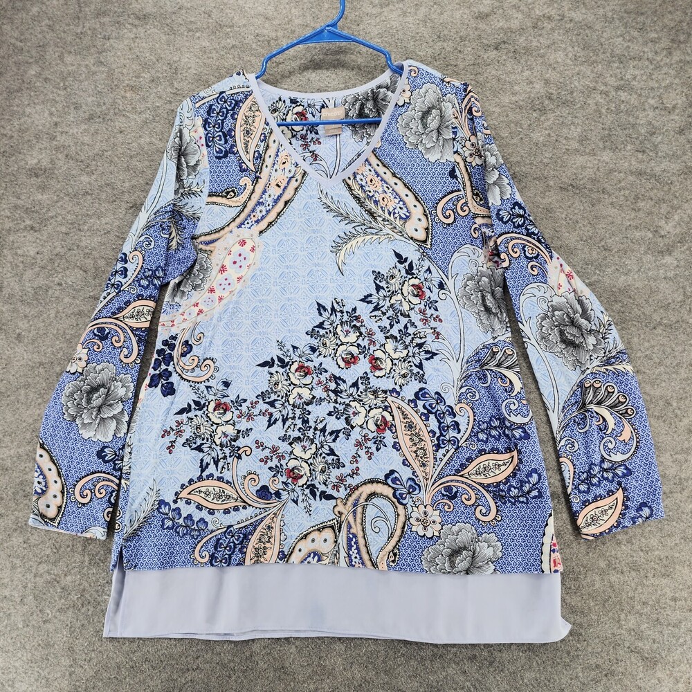 Chicos Shirt Womens 1 Medium V Neck Blue Paisley